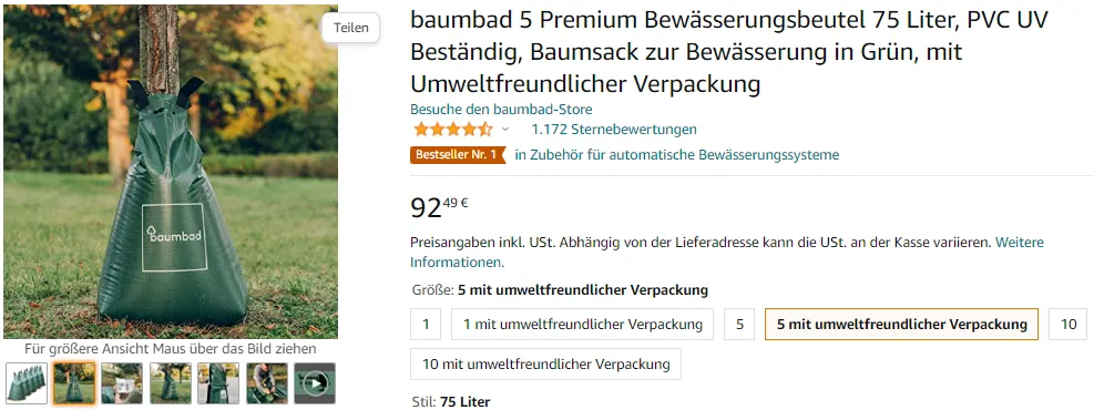 Amazon-Listing: baumbad Premium Bewässerungsbeutel, Bestseller Nr. 1 mit 1.172 Bewertungen
